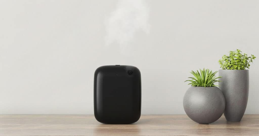 waterless essential oil diffuser in a table beside plants