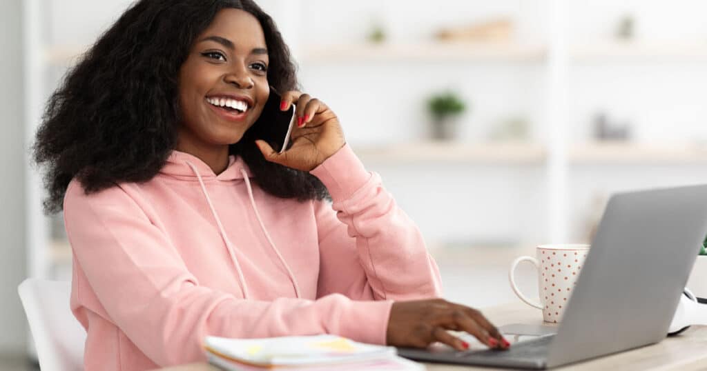 lady happily working at home