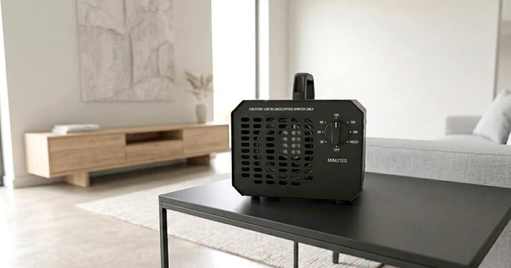 ozone generator in a black table in a modern living room