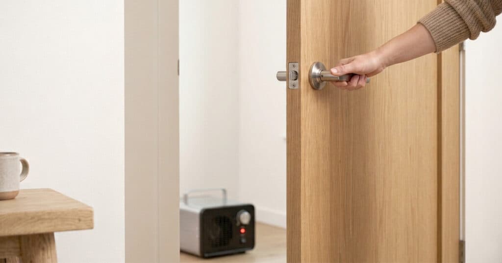 woman closing the door with ozone generator inside