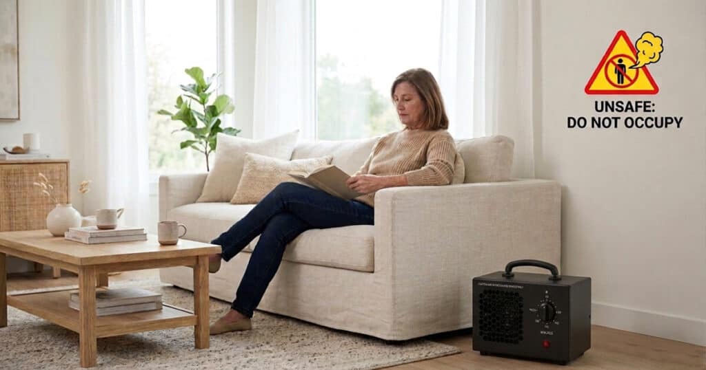 woman sitting in the sofa beside ozone generator